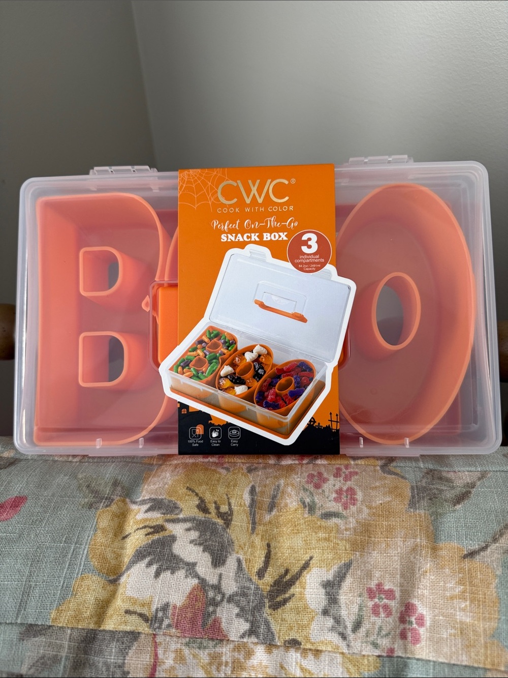 CWC Orange 3-Compartment Snack “BOO” Box - Portable Food Storage